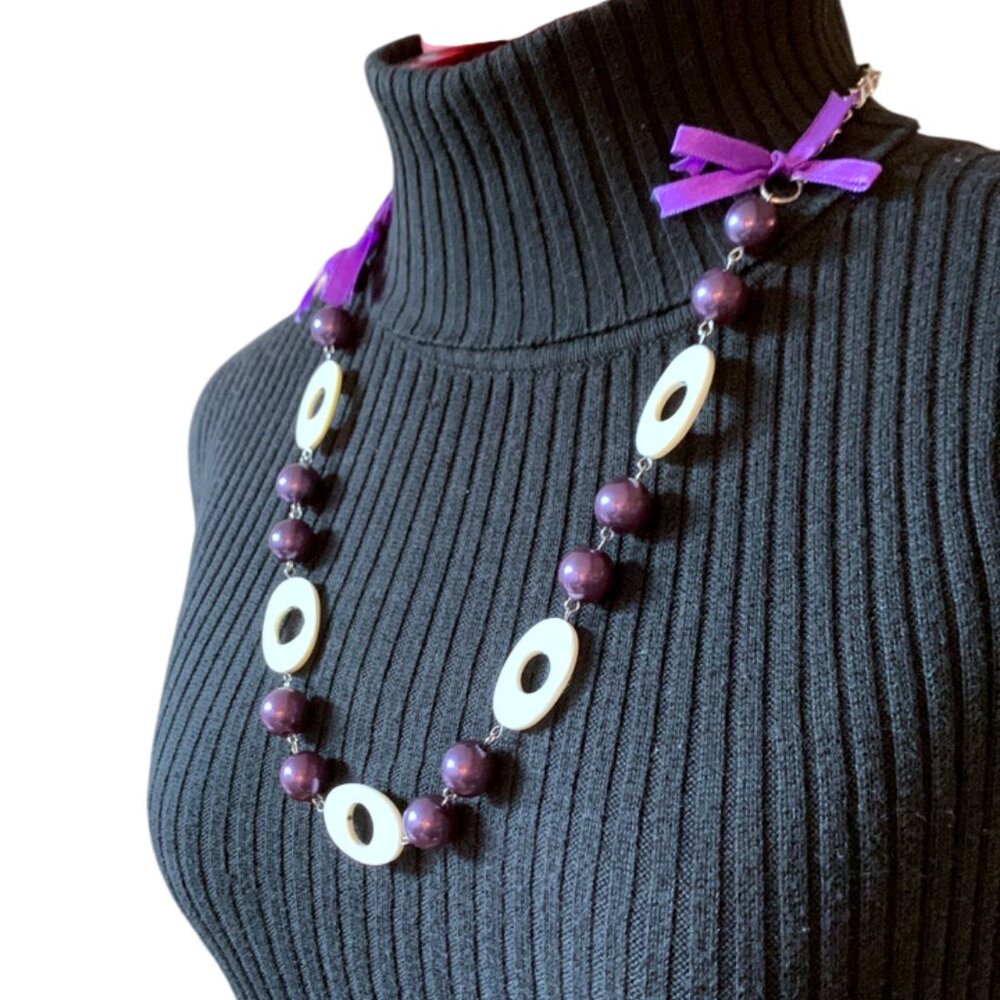 2x18$ 🎁💎 CREATION - OPERA long necklace - Purple white - with ribbon